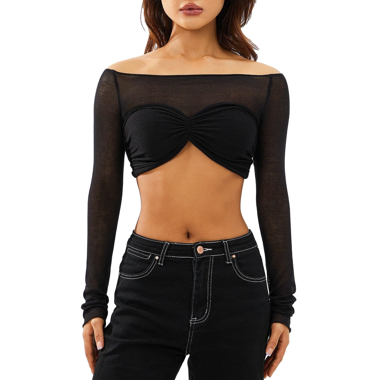 Off-Shoulder Mesh Sleeved Crop-Top