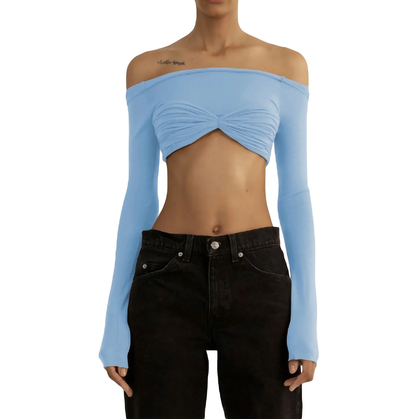 Off-Shoulder Mesh Sleeved Crop-Top