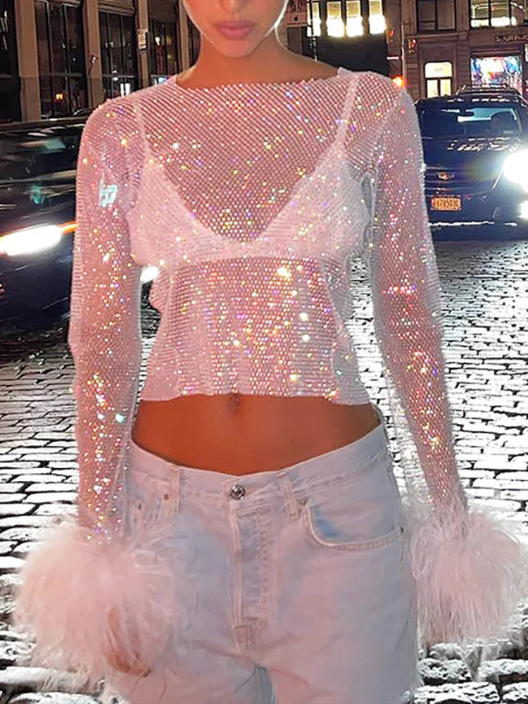 Rhinestone Mesh Feather-Sleeved Top
