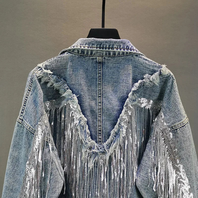Sequin-Fringed Denim Jacket