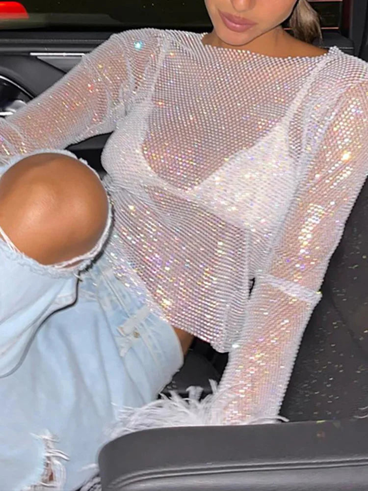 Rhinestone Mesh Feather-Sleeved Top