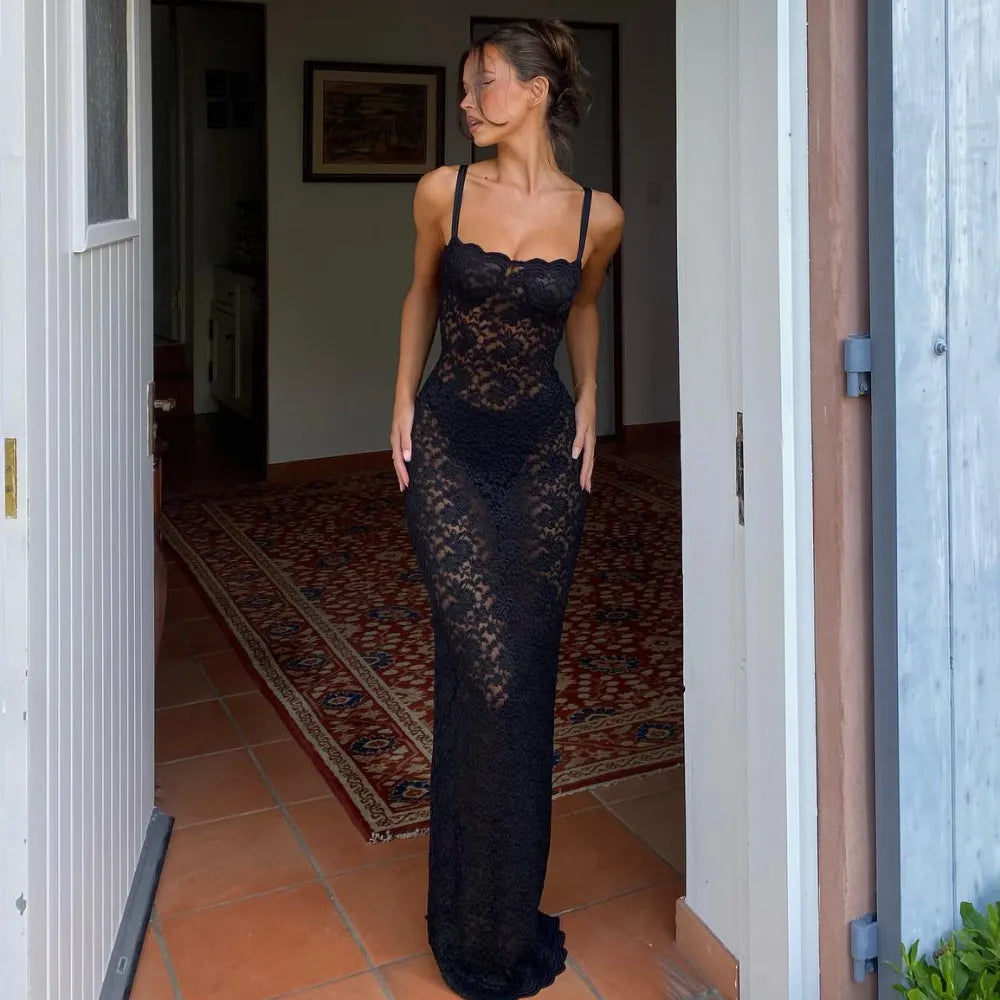 Black Sheer Lace Maxi Dress