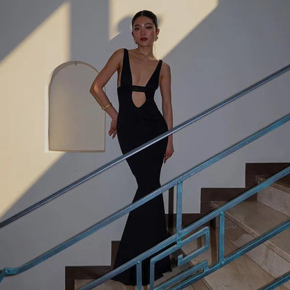Plunge Neck Backless Maxi Dress