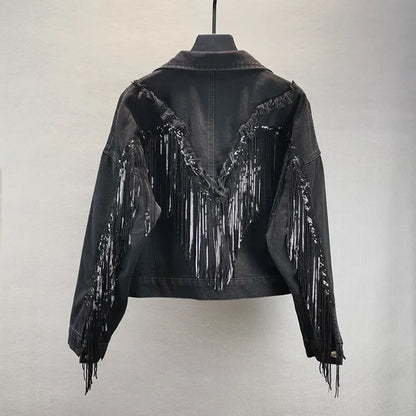 Sequin-Fringed Denim Jacket