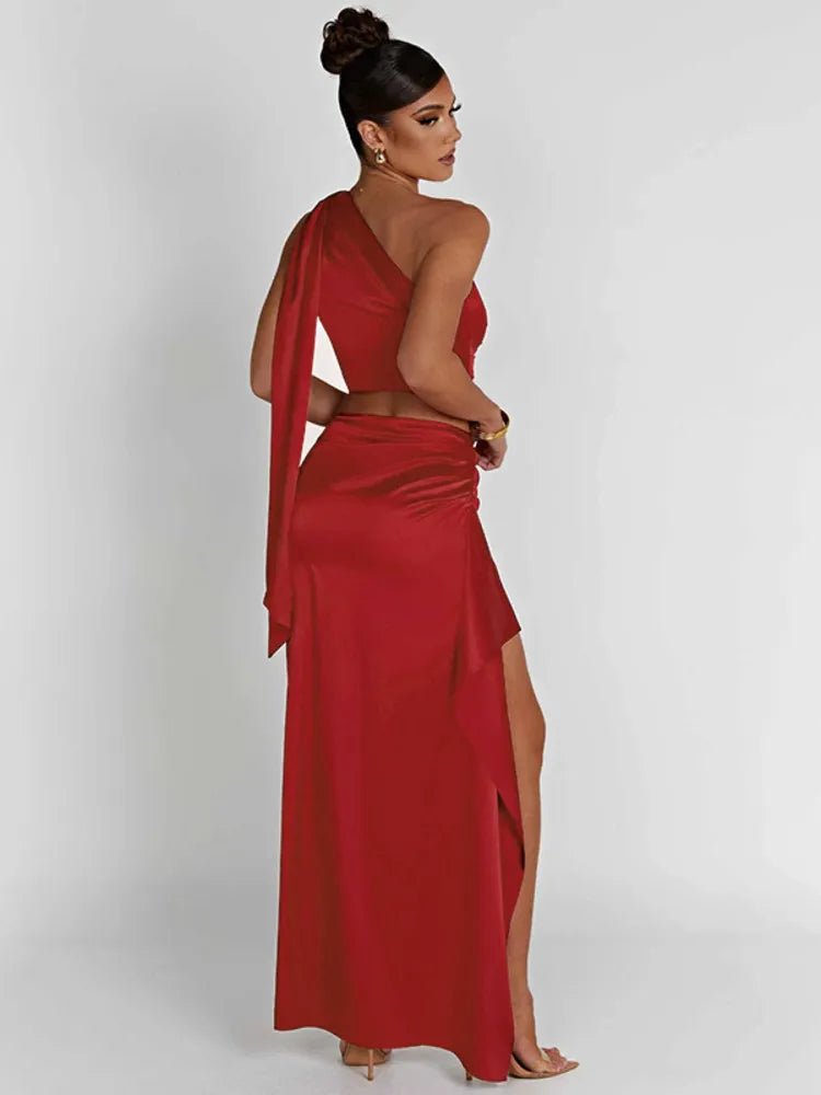 Mozision Sexy Two Piece Set Women Oblique Shoulder Tops And High Split Skirt Female Autumn Night Club Party Skirt Sets Elegant