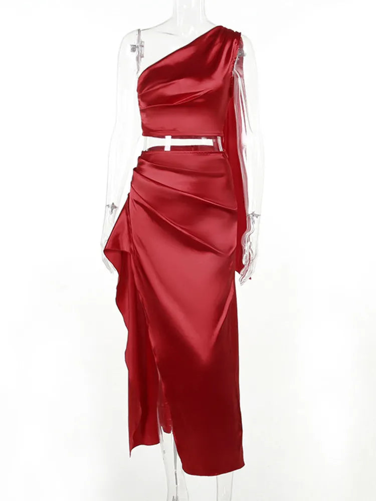 Mozision Sexy Two Piece Set Women Oblique Shoulder Tops And High Split Skirt Female Autumn Night Club Party Skirt Sets Elegant
