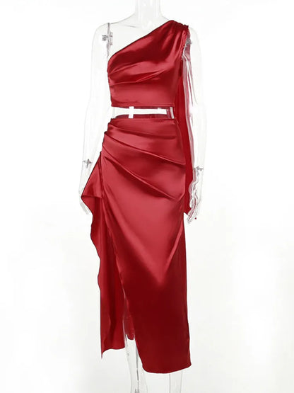 Mozision Sexy Two Piece Set Women Oblique Shoulder Tops And High Split Skirt Female Autumn Night Club Party Skirt Sets Elegant