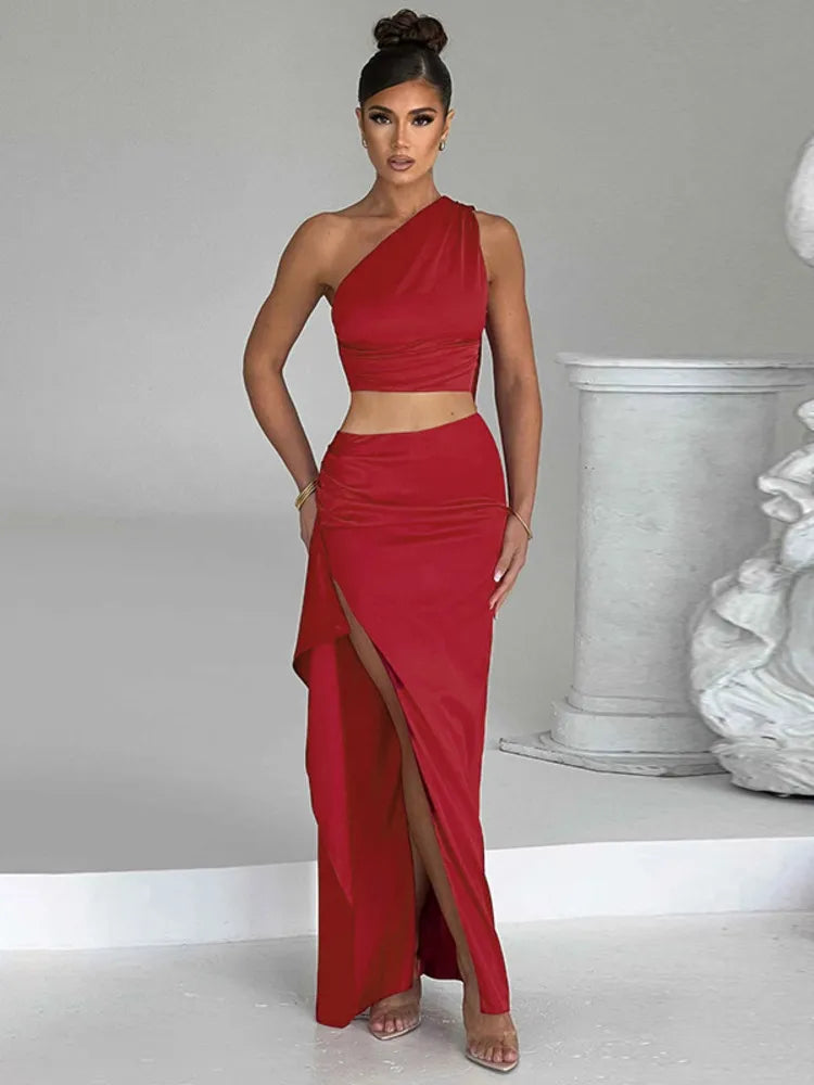 Mozision Sexy Two Piece Set Women Oblique Shoulder Tops And High Split Skirt Female Autumn Night Club Party Skirt Sets Elegant