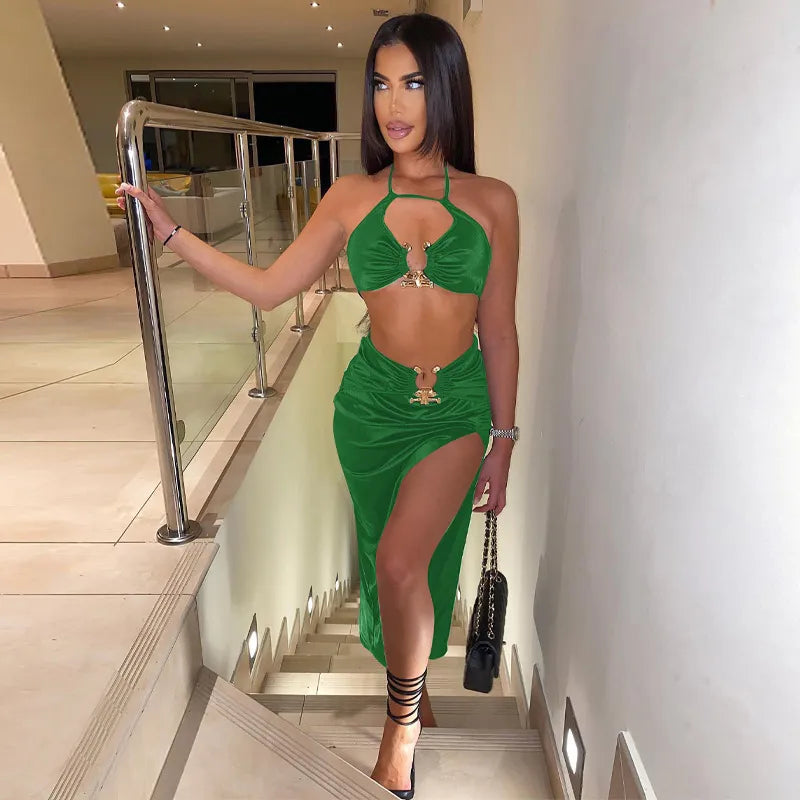 2022 Summer Sexy Fashion Party Split Two Piece Dress Sets Elegant Women Strapless Top And Skirts Outfits Matching Sets Clothes