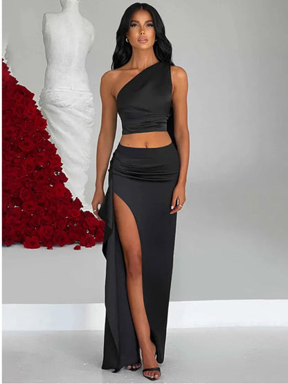 Mozision Sexy Two Piece Set Women Oblique Shoulder Tops And High Split Skirt Female Autumn Night Club Party Skirt Sets Elegant