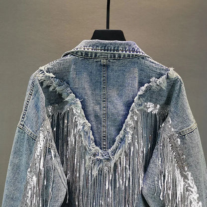 Sequin-Fringed Denim Jacket