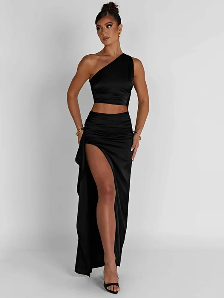 Mozision Sexy Two Piece Set Women Oblique Shoulder Tops And High Split Skirt Female Autumn Night Club Party Skirt Sets Elegant