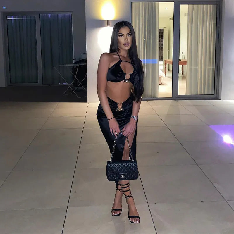 2022 Summer Sexy Fashion Party Split Two Piece Dress Sets Elegant Women Strapless Top And Skirts Outfits Matching Sets Clothes