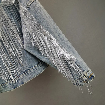 Sequin-Fringed Denim Jacket