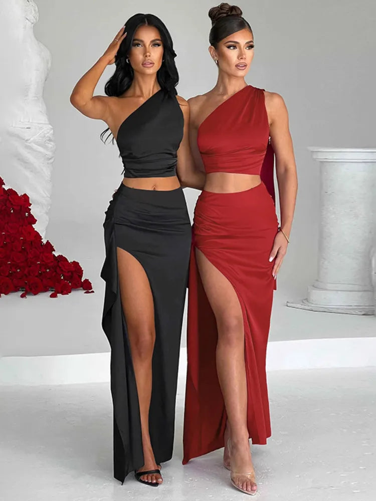Mozision Sexy Two Piece Set Women Oblique Shoulder Tops And High Split Skirt Female Autumn Night Club Party Skirt Sets Elegant