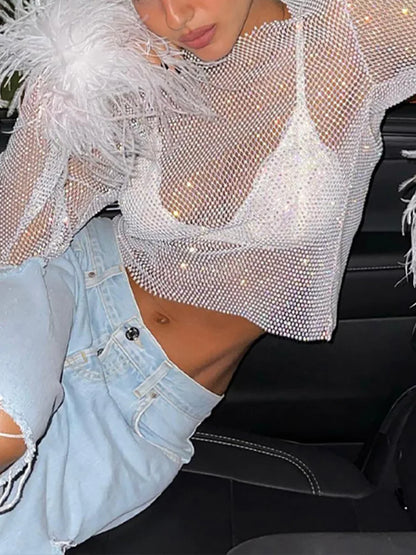 Rhinestone Mesh Feather-Sleeved Top